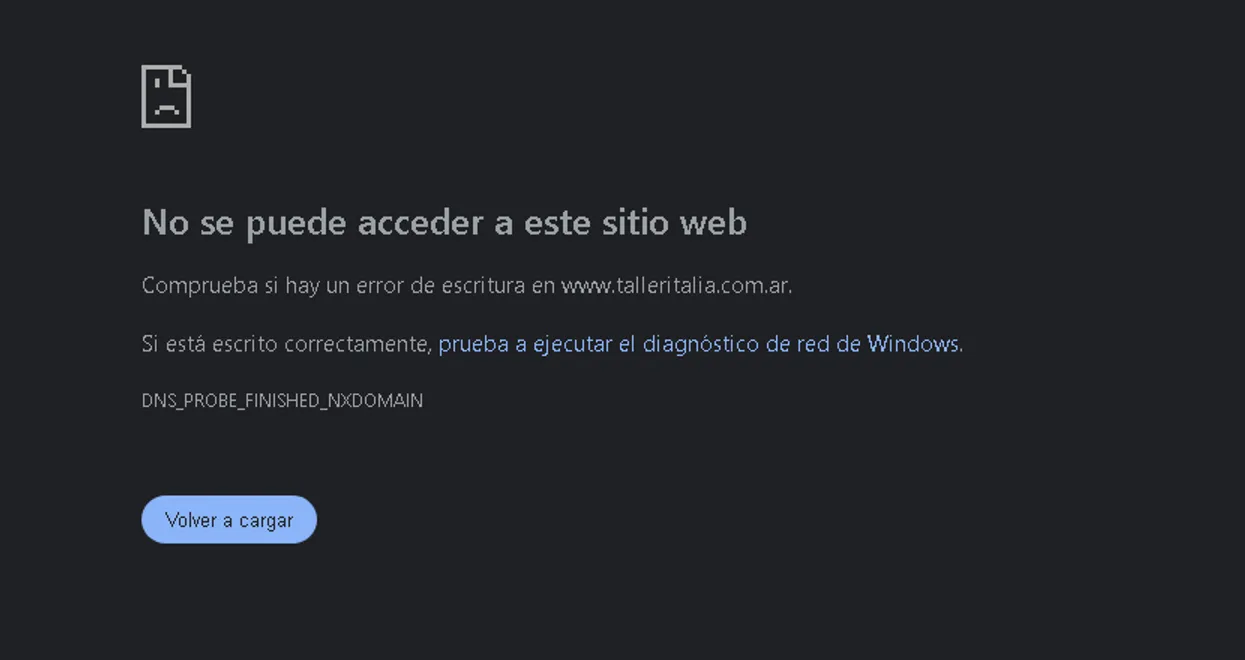 Página de error del navegador: «No se puede acceder a este sitio web», con el código DNS_PROBE_FINISHED_NXDOMAIN para www.talleritalia.com.ar