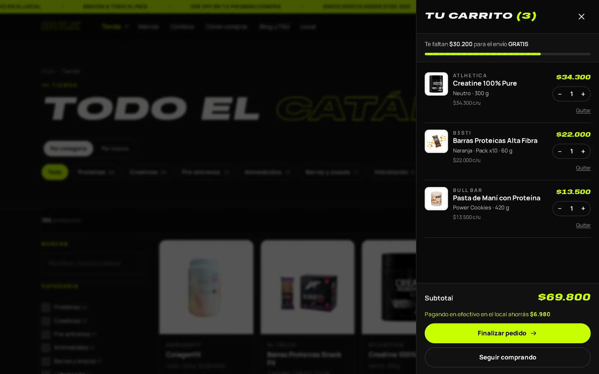El carrito de BULK con el pedido armado, lo que falta para el envío gratis y el ahorro pagando en efectivo