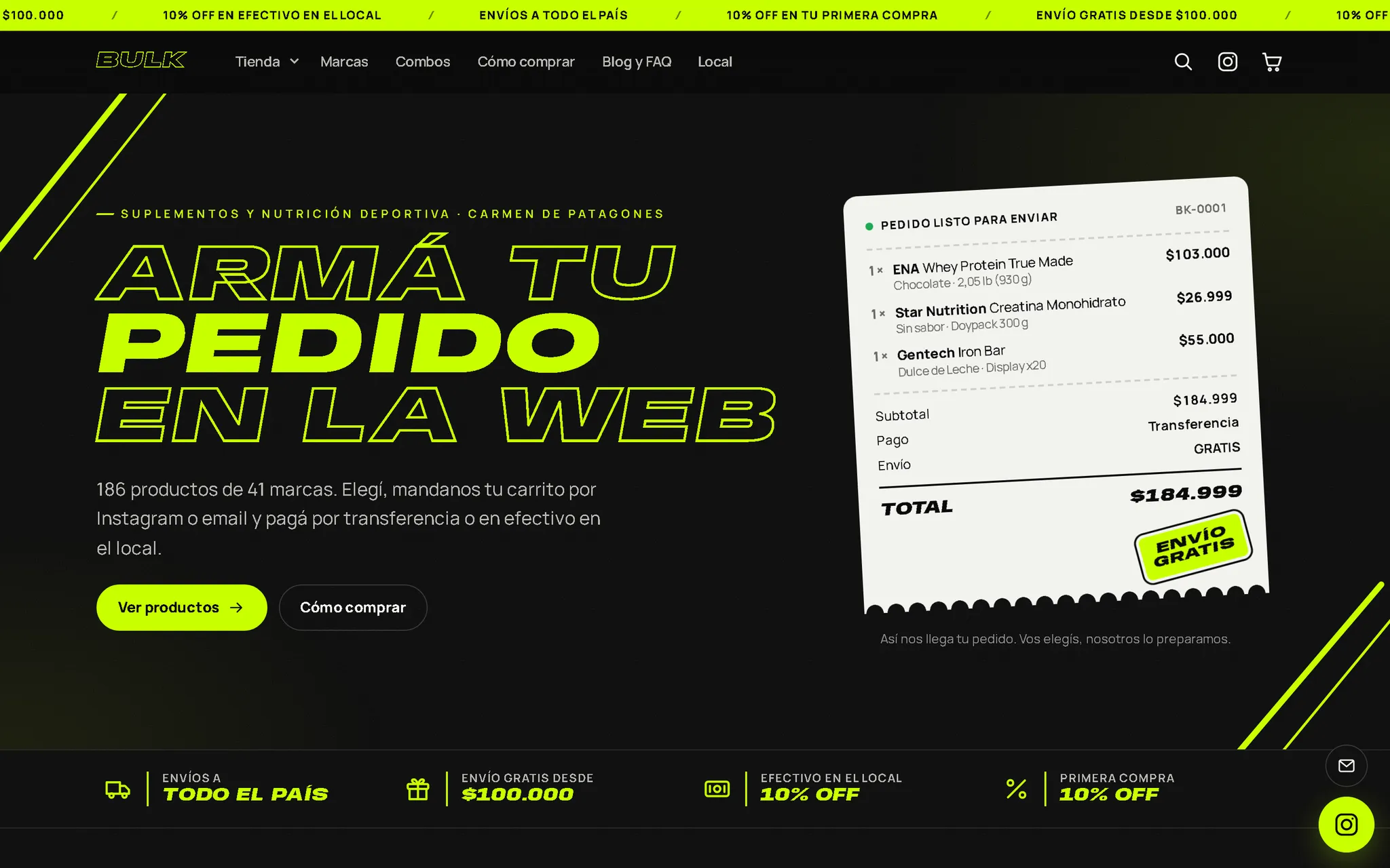 Portada del sitio de BULK: el título «Armá tu pedido en la web» junto a un ticket de pedido con tres productos, subtotal y envío gratis