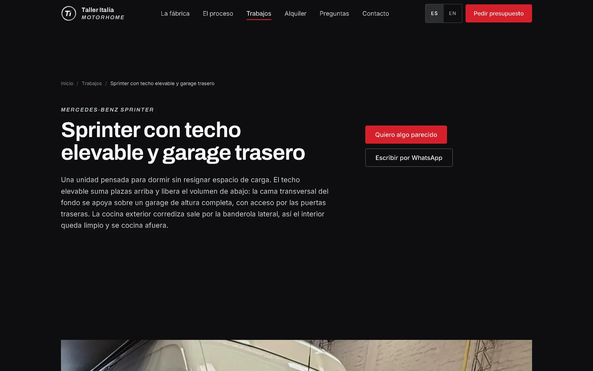 Página de producto del sitio de Taller Italia con la ficha técnica escrita en texto