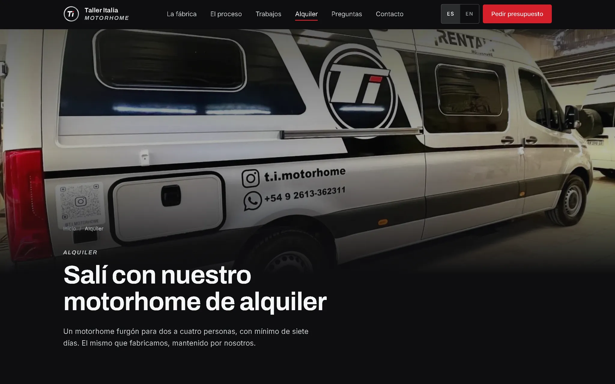 Sección de alquiler del sitio de Taller Italia, con el motorhome de rental y su descripción